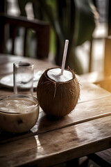 Glass, white juice, coconut, splash, palm beach background. Generated AI