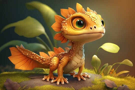 Gelbes Baby - Fantasie Drache in der Natur. 3D Cartoon Charakter auf einem Stein. Niedlicher Dino. Generativ KI