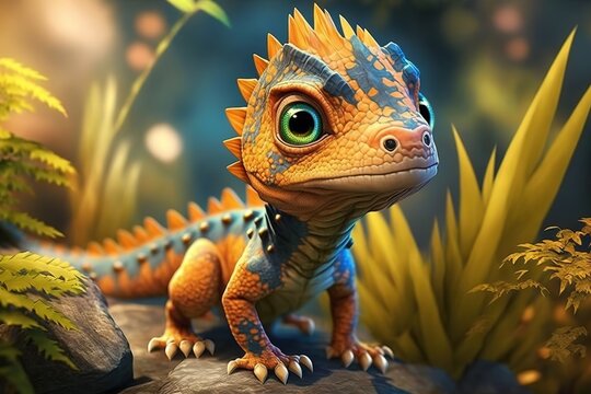 Gelber Baby-Drache in der Natur. 3D Cartoon Charakter auf einem Stein. Niedlicher Dino. Generativ KI
