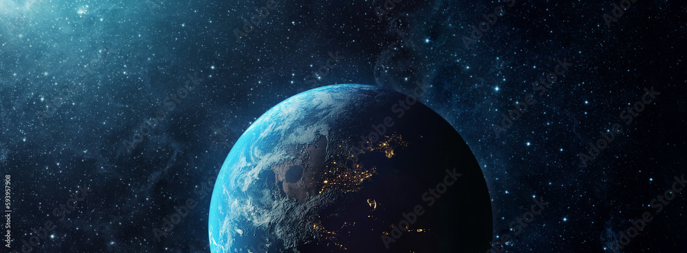 Wall mural panoramic view of the earth, sun, star and galaxy. sunrise over planet earth, view from space. eleme
