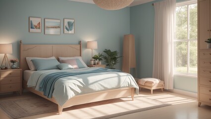A Wonderful Bedroom With A Bed, Dresser, And A Window AI Generative
