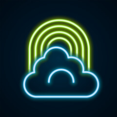 Glowing neon line Rainbow with cloud icon isolated on black background. Colorful outline concept. Vector