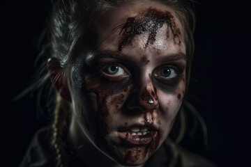 Close up portrait of a young evil zombie woman isolated on black background, Halloween , generative ai