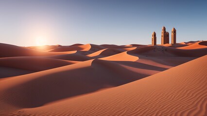 A Breathtaking View Of A Desert With A Few Tall Buildings In The Distance AI Generative