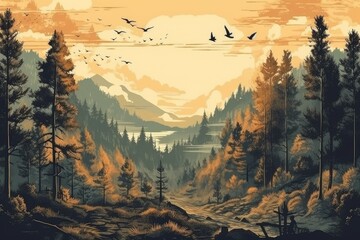 wallpaper whit forest and leaves, old drawing vintage - generative ai	