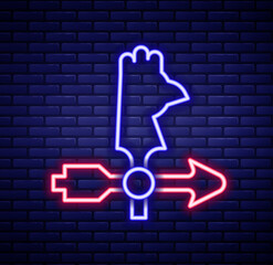 Glowing neon line Rooster weather vane icon isolated on brick wall background. Weathercock sign. Windvane rooster. Colorful outline concept. Vector