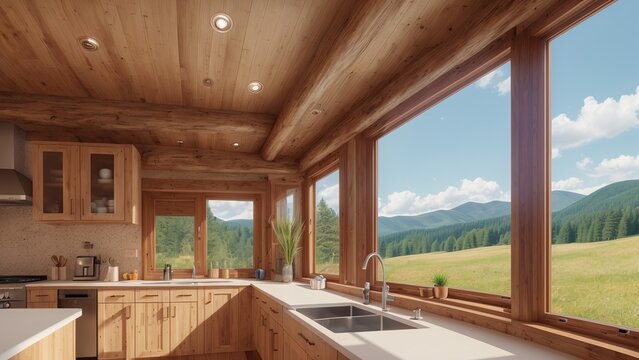 A Mesmerizing Kitchen With A View Of A Mountain Range AI Generative