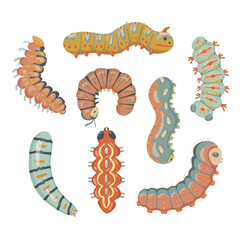 Set spring and summer colorful caterpillars. Pretty caterpillars different silhouette on white background. For festive card, banner, children, pattern, tattoo, decorative, concept. Vector illustration