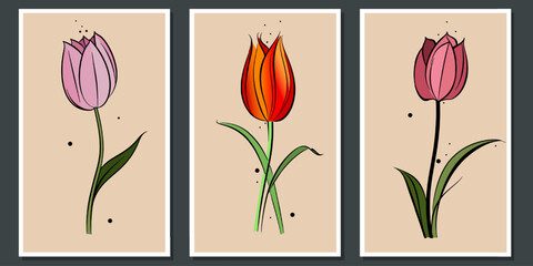 Collection of modern art posters of beautiful tiyulpans. Abstract geometric elements and shapes, leaves and tulip. Great design for social media, cards, prin