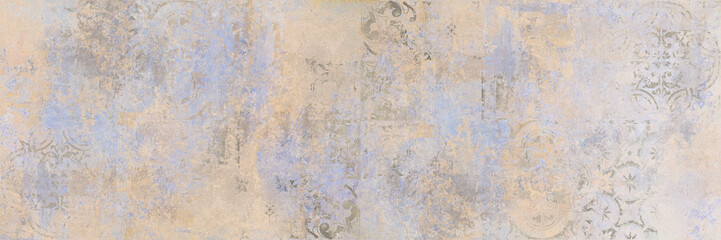 Old brown gray vintage shabby patchwork motif tiles stone concrete cement wall texture background banner. panorama.