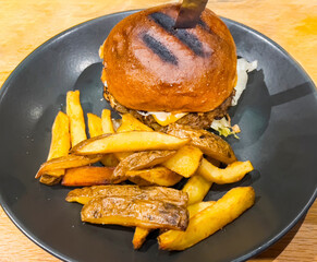 Tasty Hamburger with Beef and French Fries