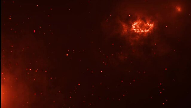 red nebula in space, Epic fire animation with flying sparks. Dramatic background