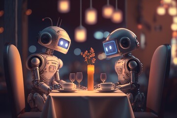 Roboterliebe - Roboter treffen sich zum Date. Künstliche Intelligenz in der Kommunikation. - obrazy, fototapety, plakaty