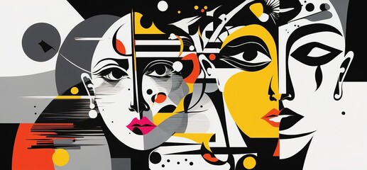 Abstract panorama background faces collage with black and white colors and elements. Psychology and stress wallpaper illustration. Generative AI	
