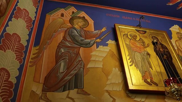 Russia Vyborg 04.04.2023 Icons with frescoes inside an Orthodox Christian church