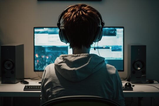 Ein Junge mit Kopfh&ouml;rer und Headset spielt ein Computerspiel. Gamer Kind sitzt vor dem Bildschirm im Hoodie. Generativ KI