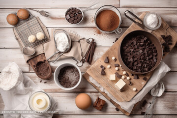 Fototapeta na wymiar Making a chocolate cake. Top view of a kitchen table with ingredients and tools. Generative AI
