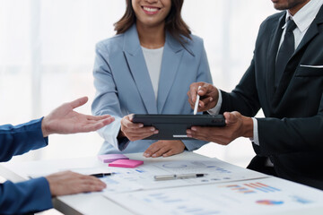 Group of Business People Meeting analysis financial plan, discussion, research with paperwork at office, accounting concept