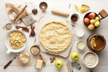 Fototapeta na wymiar Making an apple pie. Top view of a kitchen table with ingredients and tools. Generative AI