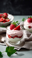 Strawberry desserts with cream in a glass. AI
