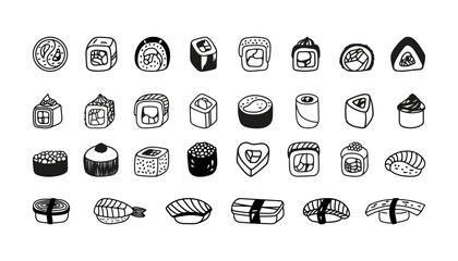 Japanese sushi roll set in hand drawn doodle style. Asian food for restaurants menu