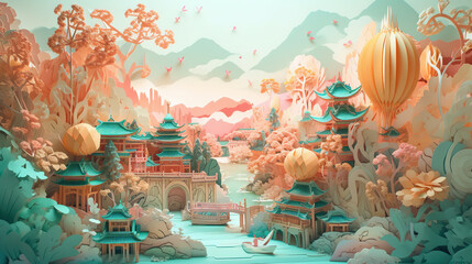 Fantasy Landscape with Chinese temples and pagodas. Digital painting. Generative AI