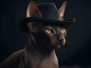Sphynx cat in a hat on a dark background