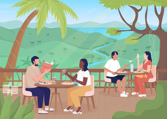 Guests enjoying food at exotic resort flat color raster illustration. Luxury hotel in jungles. 2D simple cartoon characters with mountains and rainforest on background