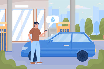 Man successfully refueling car at gas station flat color raster illustration. Gasoline fuel for customers. 2D simple cartoon characters with modern cityscape on background