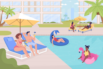 People resting at public outdoor poolside flat color raster illustration. Summer time recreation. 2D simple cartoon characters with city on background. Bebas Neue font used