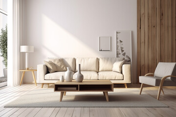 Interior design - modern living room with a sofa and artwork on the wall. Generative AI