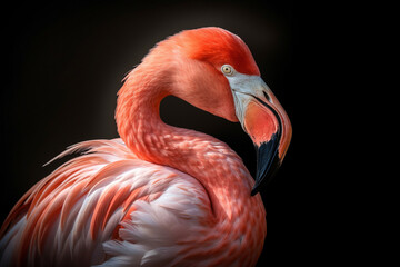 Beautiful flamingo bird on a clean black background. Generative AI