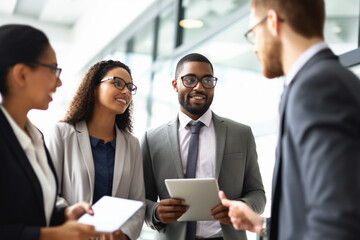 A diverse group of young corporate workers of different races, discussing a business concept inside a modern office. Generative AI