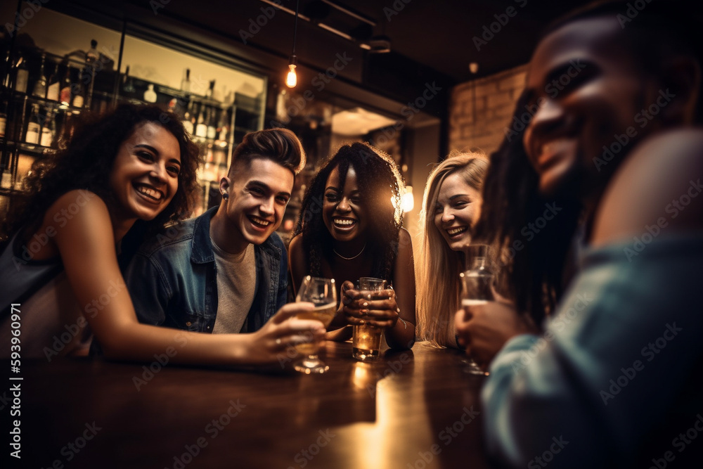 Wall mural diverse group of young people of different races hanging out in a bar and having fun. generative ai