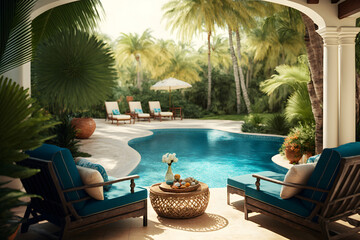 Obraz premium poolside oasis with a sparkling blue pool and lounge chairs, Generative AI