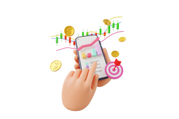 3D Cartoon hand holding smartphone using crypto trading graph symbol, investment stock market, 3D rendering illustration