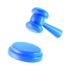 3d blue judge gavel icon isolated on white background. Render of auction hammer and concept of law and judgment. 3d cartoon simple vector illustration.