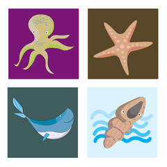 cute ocean and sea underwater life character set