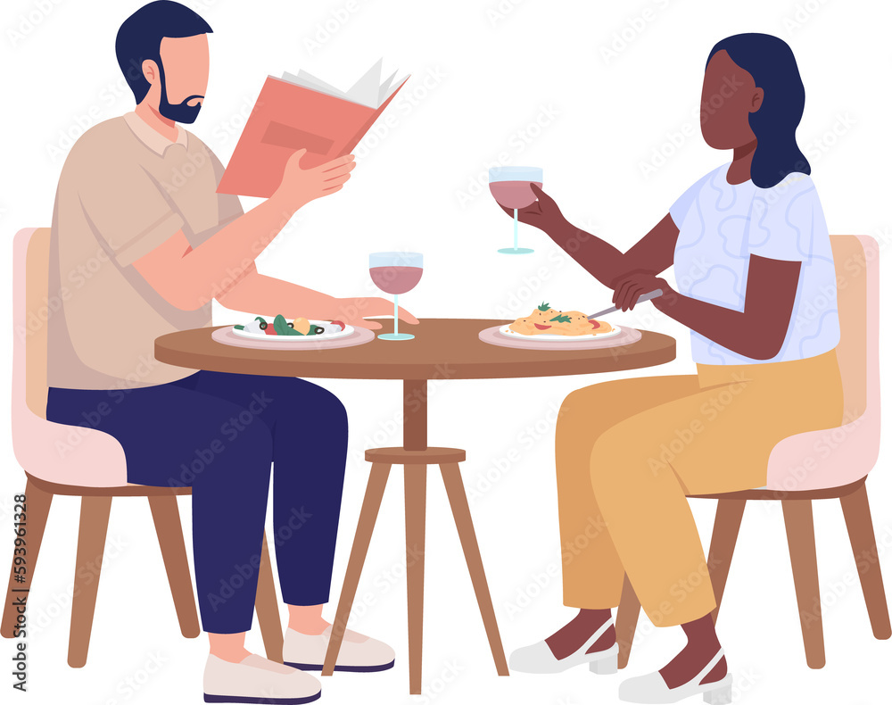 Sticker People enjoying food in restaurant semi flat color raster characters. Full body people on white. Cafe service simple cartoon style illustration for web graphic design and animation