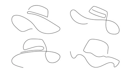 Women sun hats in continuous line art drawing style. Set. Vector illustration