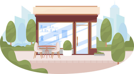 Coffee shop kiosk with empty table 2D raster isolated illustration. Empty flat cityscape on cartoon background. Cafe colourful scene for mobile, website, presentation. Recursive font used