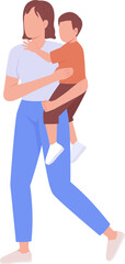 Woman carrying little boy semi flat color raster characters. Full body people on white. Motherhood simple cartoon style illustration for web graphic design and animation