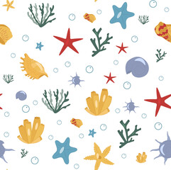 Fototapeta na wymiar Seamless nautical drawing for print design. Sea shell pattern. Nautical pattern. Background, wallpaper. White background. Decorative seamless pattern.