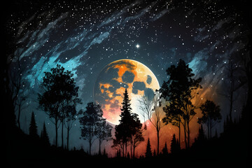 trees on the background of night sky with stars and a full moon, Generative AI