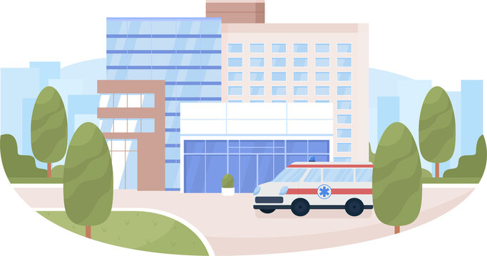 Hospital building and ambulance 2D raster isolated illustration. Medical service. Flat cityscape on cartoon background. Colourful scene for mobile, website, presentation. Akrobat font used