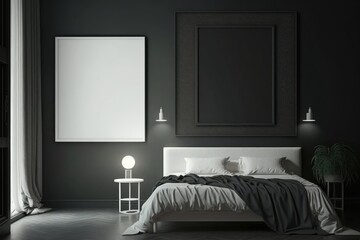 Dark bedroom interior with empty poster on wall
