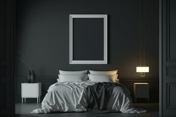 Dark bedroom interior with empty picture frame
