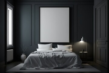 Interior of modern bedroom with dark gray walls, concrete floor, comfortable king size bed with white linen and vertical mock up poster frame