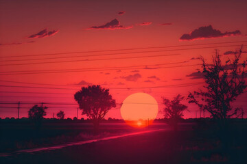 orange and red summer sunset in the meadow, Generative AI