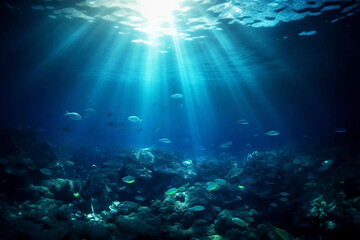 Naklejka na ściany i meble Underwater Blue Sea Sunlight Background
